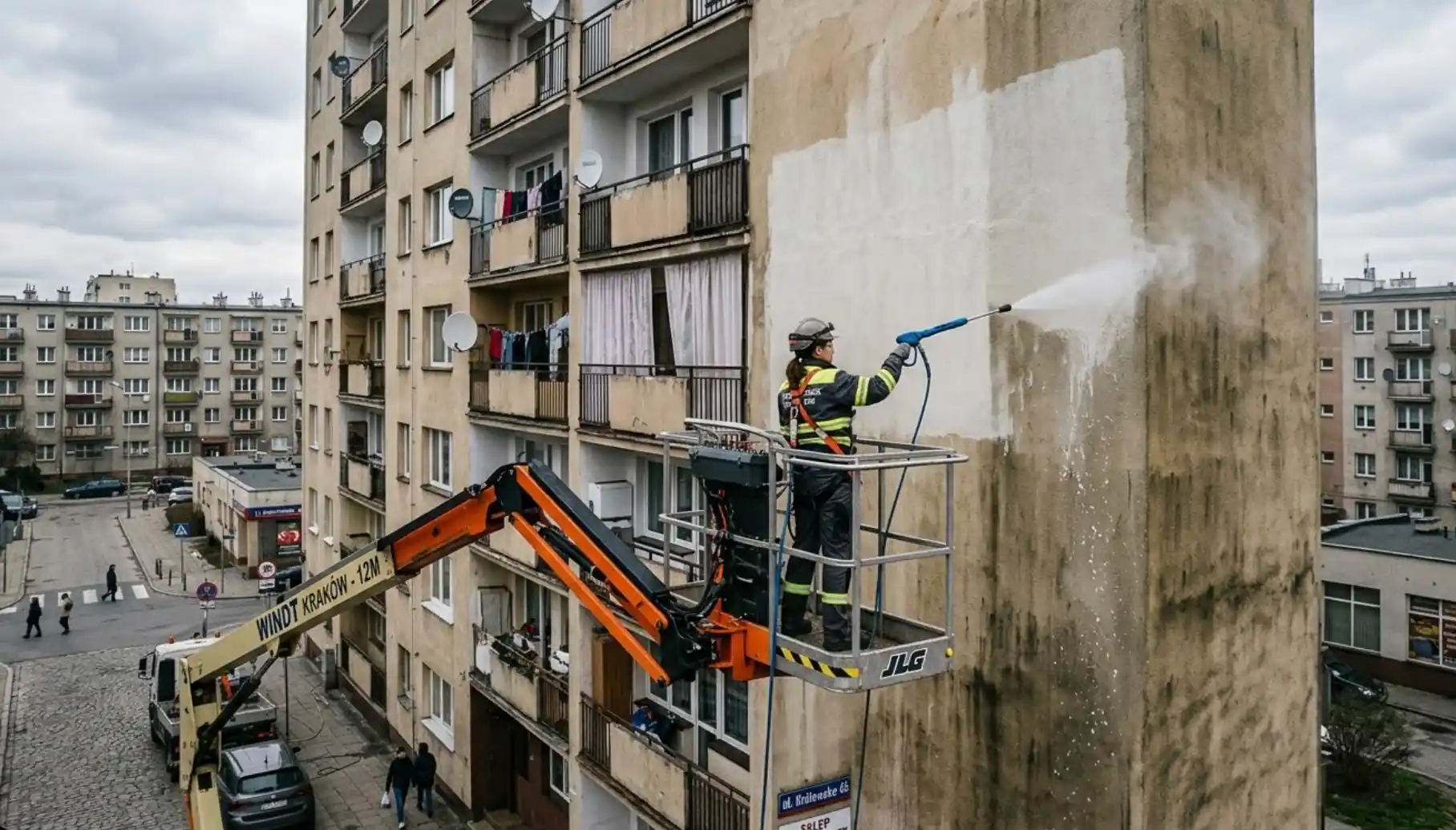 Czyszczenie elewacji budynku na wysokości