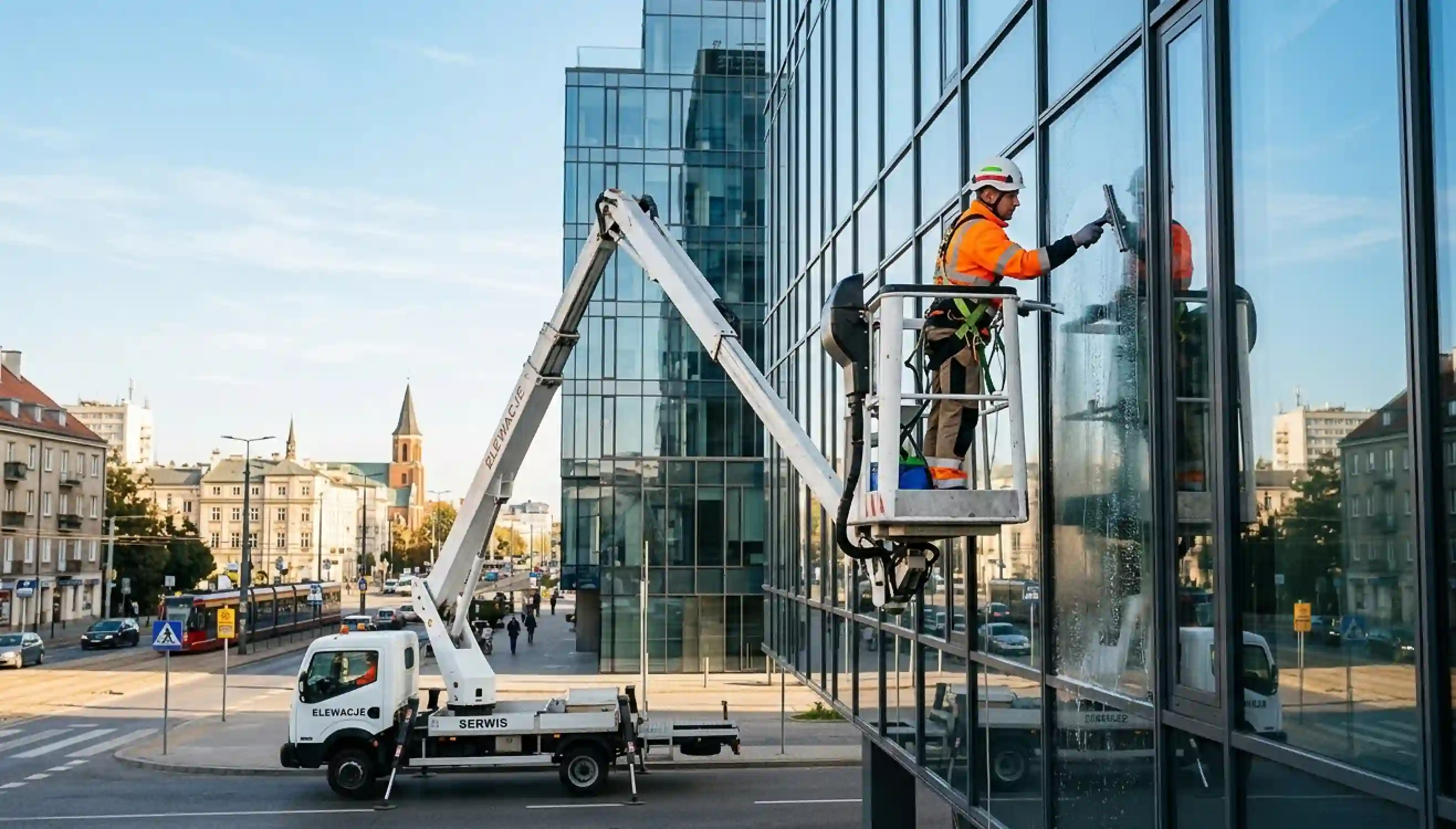 Mycie okien z podnośnika koszowego w Krakowie