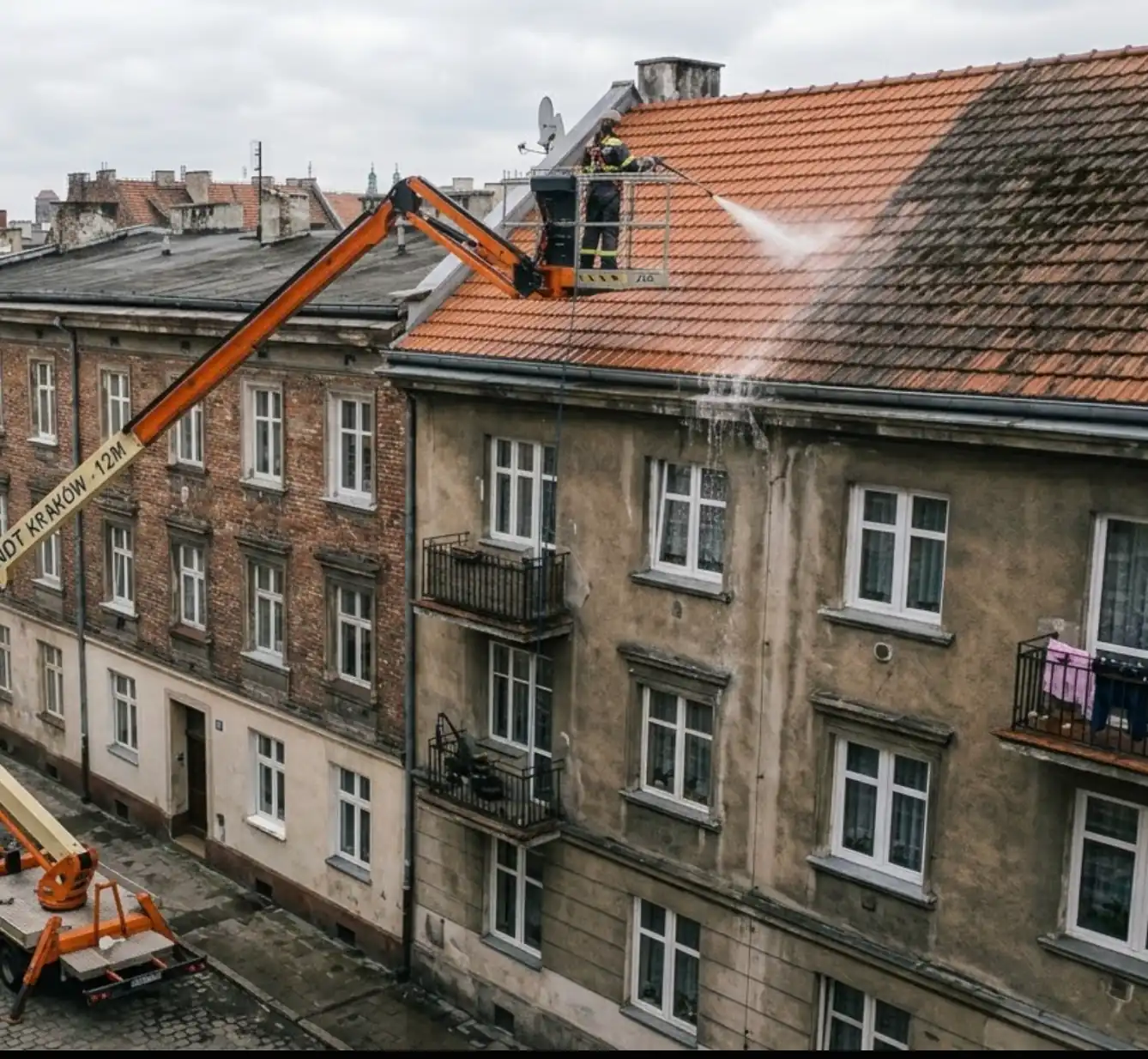 Mycie dachu z podnośnika koszowego