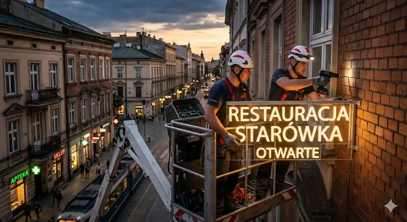 Montaż banera reklamowego z podnośnika w Krakowie