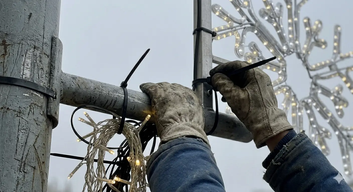 Montaż dekoracji świątecznych z podnośnika w Krakowie